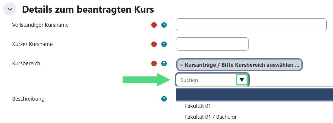 Auswahl Kursbereich beim Kursantrag