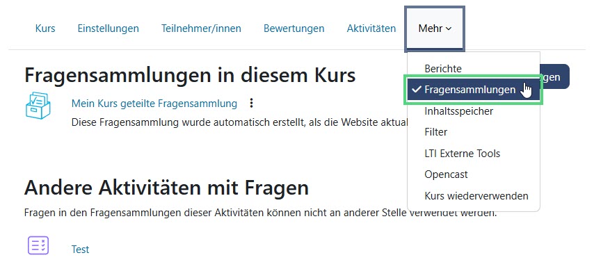 Screenshot von dem Menüpunkt "Fragensammlungen" in der Kursnavigation.