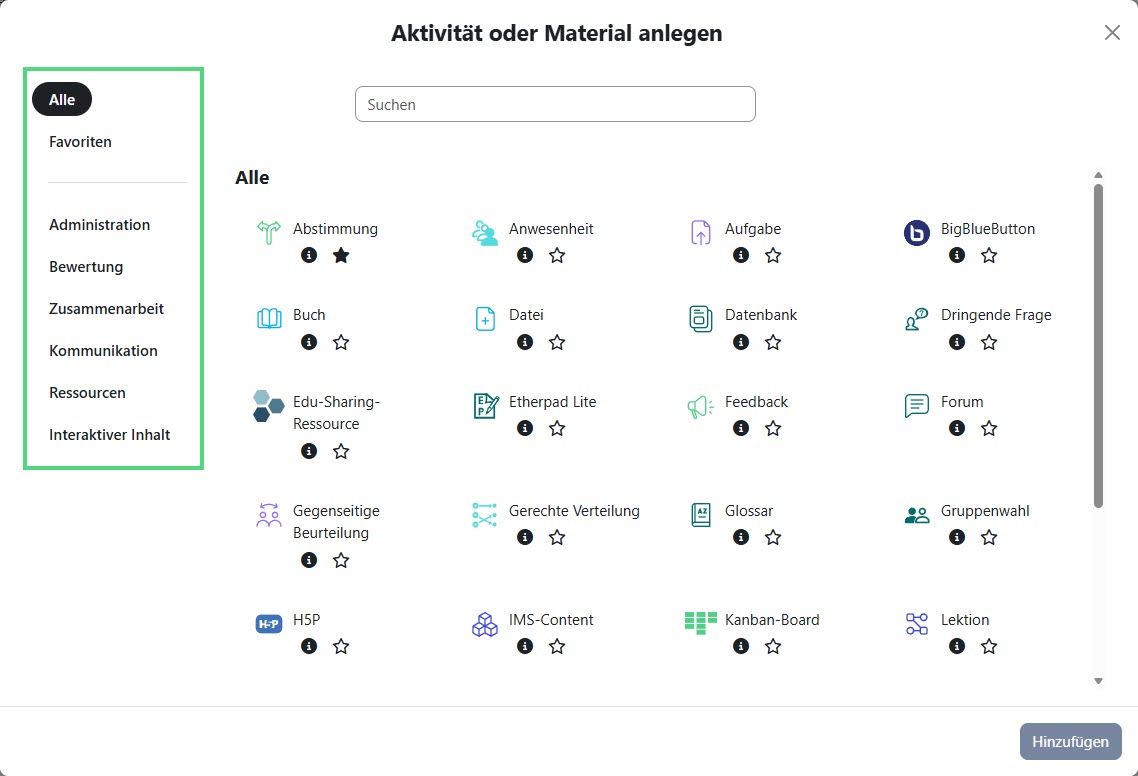 Screenshot von der Auswahl der Aktivitäten, welche einem Moodlekurs hinzugefügt werden können. Hervorgehoben ist die neue Gliederung.